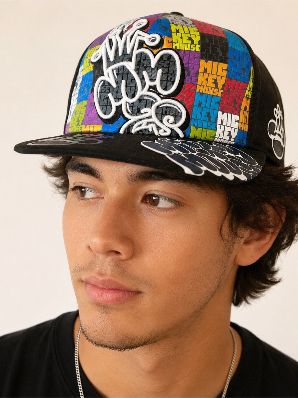 Disney Parks Mickey Mouse Graffiti L/XL Flex Fit Hat Adult Black Colorblock Cap